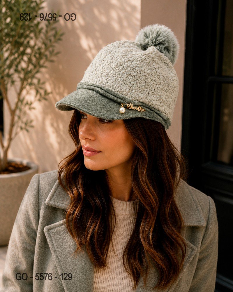 Gorra de Borreguito Verde Salvia con Visera y Pompón GO5576