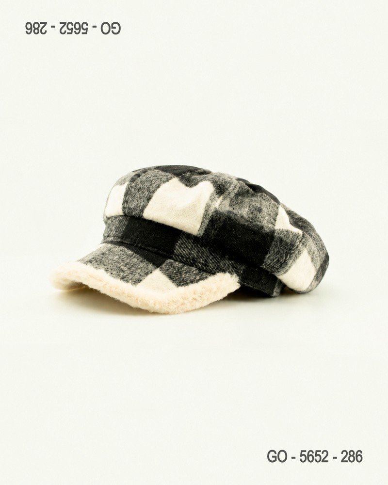 Gorra Newsboy de Cuadros Blanco y Negro con Visera de Pelo Sintético GO5652