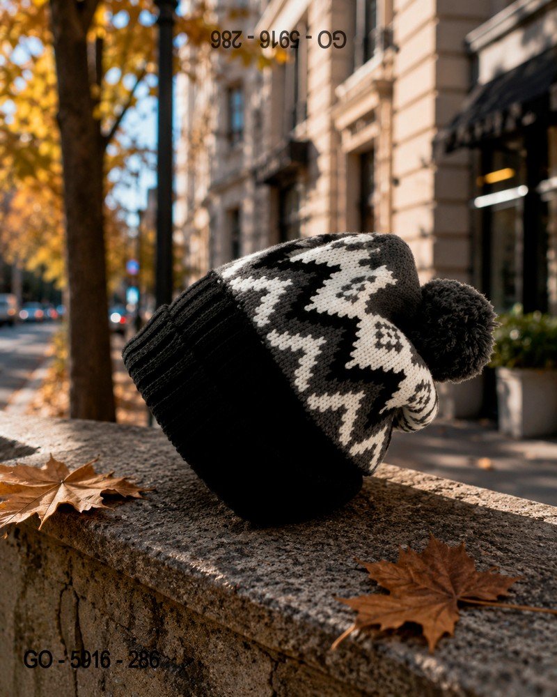Gorro de Lana Negro con Estampado Geométrico Gris y Blanco - Pompón GO5916