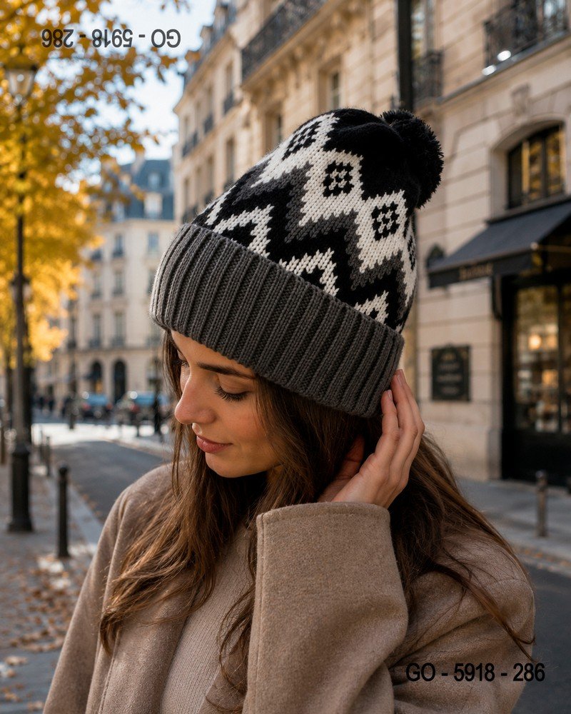 Gorro Tejido Gris con Estampado Geométrico Blanco y Negro - Pompón GO5918