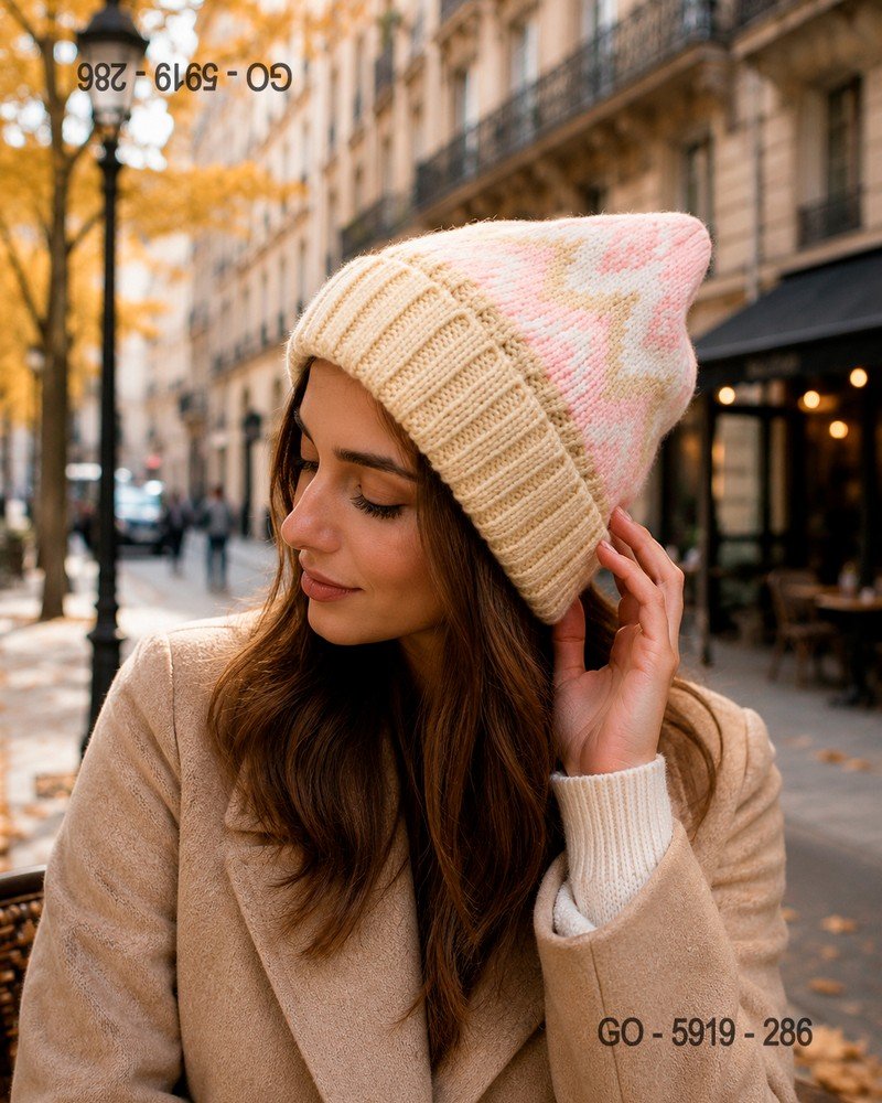 Gorro Tejido Beige con Estampado Jacquard Rosa y Blanco GO5919