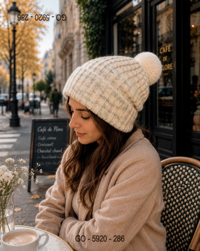 Gorro de Punto Crudo Jaspeado con Pompón Mullido GO5920