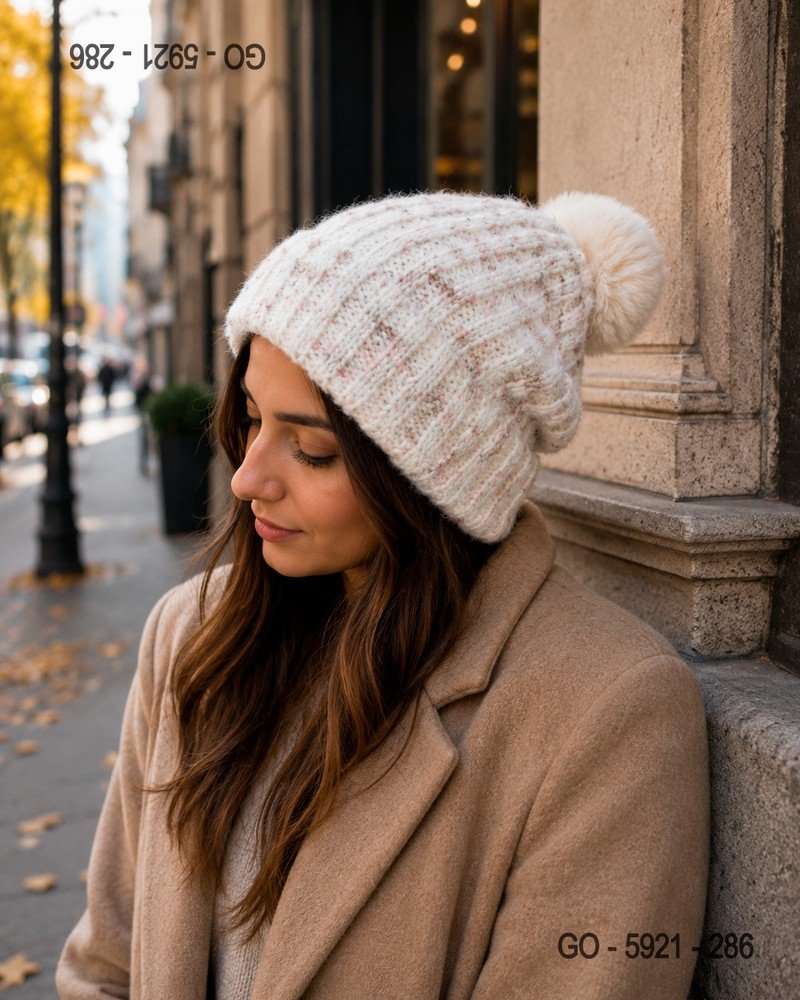 Gorro de Punto Blanco Jaspeado con Hilos Metálicos y Pompón GO5921