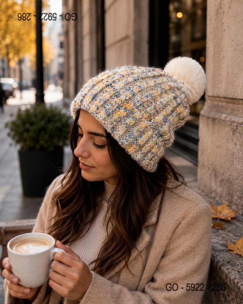 Gorro de Punto Multicolor Jaspeado con Pompón Crema GO5922
