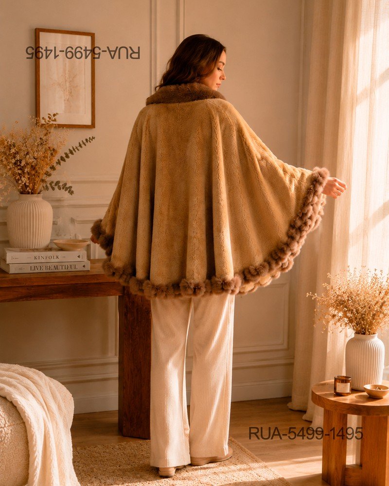 Ruana Saco De Abrigo Elegante Negro Con Detalle Pelo Visón RUA5499