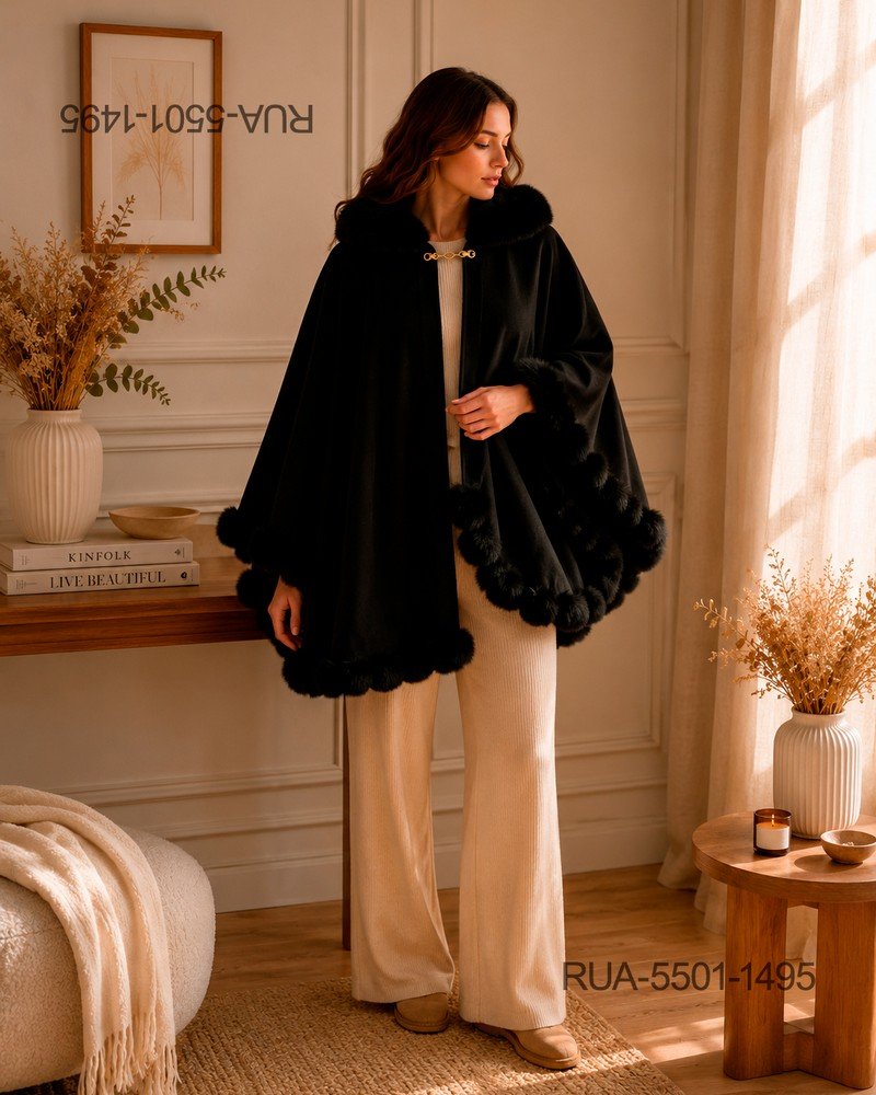 Ruana Saco De Abrigo Elegante Fiesta Con Aplique Pelo Negro RUA5501