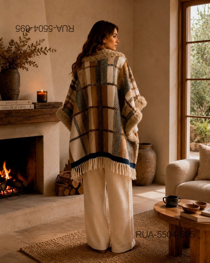 Ruana Poncho De Abrigo Mujer A Cuadros Con Piel Y Flecos RUA5504