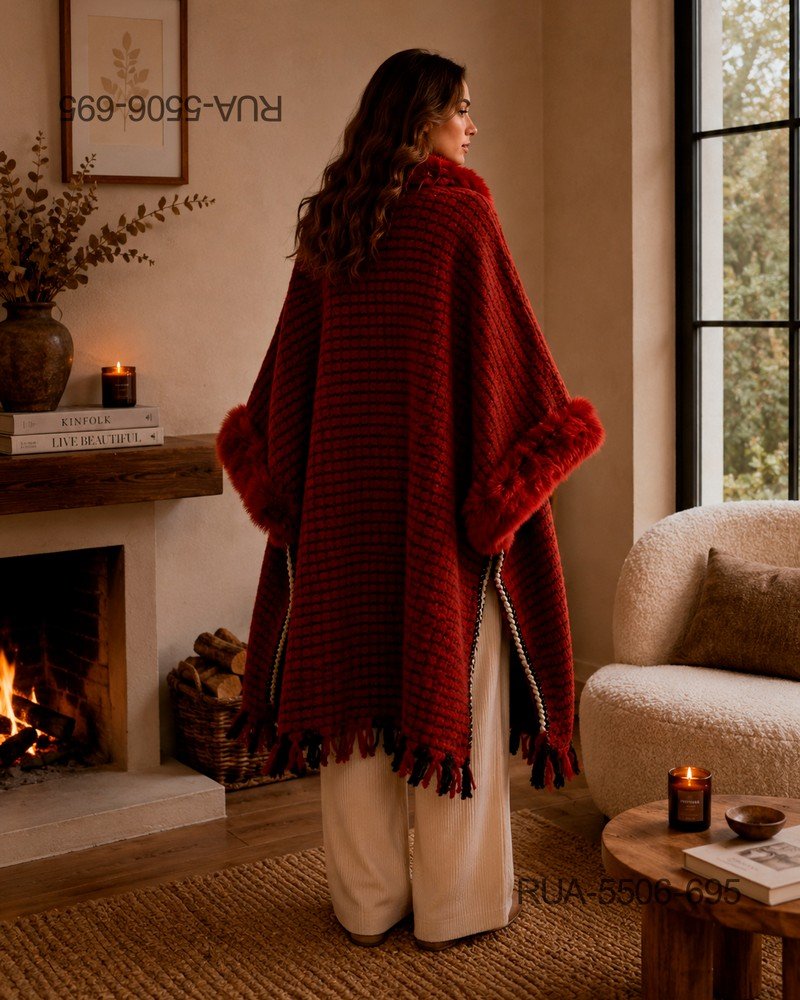 Ruana Poncho De Abrigo Mujer Con Piel Sintética Y Flecos RUA5506