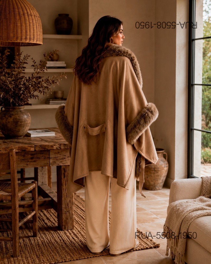 Ruana De Paño Abrigo Invierno Con Ribete Pelo Sintético Beige RUA5508