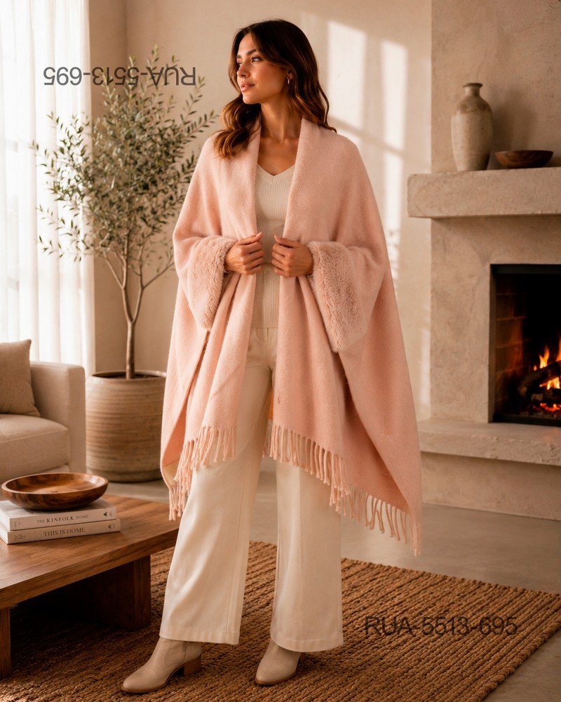 Ruana Poncho De Abrigo Mujer Con Flecos Y Puños De Piel RUA5513