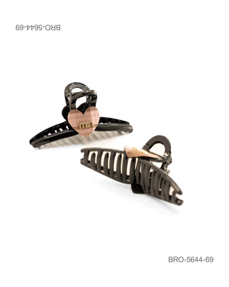 Pinza para Cabello "Garras" con Corazón Plaid Café y Letras Doradas BRO5644