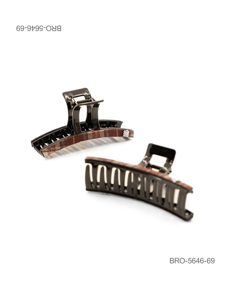 Pinza para Cabello Rectangular con Estampado de Cuadros Terracota y Café BRO5646