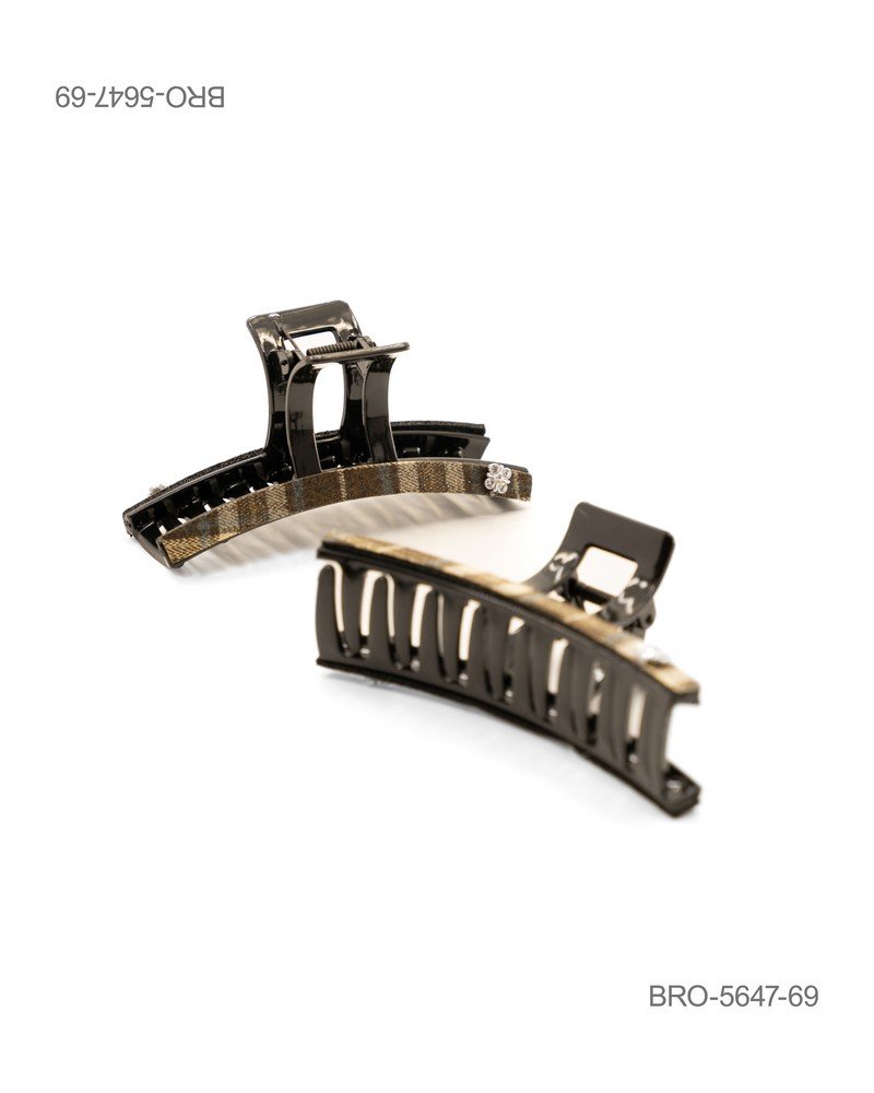 Pinza para Cabello Rectangular con Estampado de Cuadros Verde Oliva y Ocre BRO5647