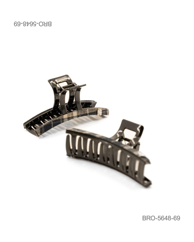 Pinza para Cabello Rectangular con Estampado de Cuadros Gris BRO5648