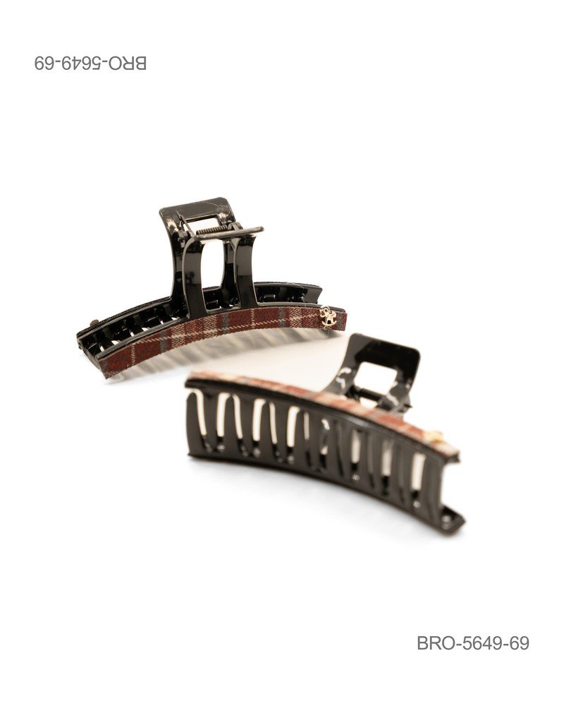 Pinza para Cabello Rectangular con Estampado de Cuadros Café BRO5649