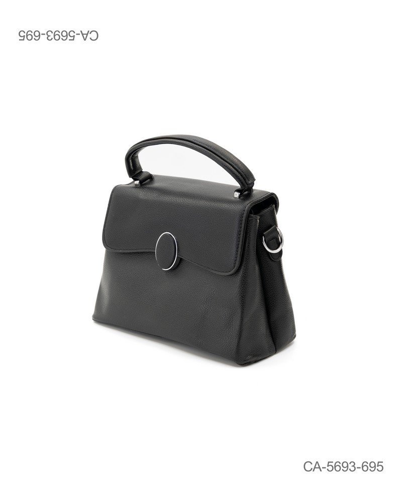 Cartera de Mano Estructurada "Classic Chic" – Ecocuero Negro Texturado, Solapa con Aplique Ovalado y Asa Superior Rígida CA5693