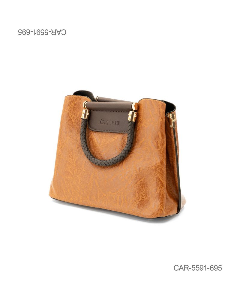 Cartera Tote de Mano "Aura Braid" – Cuero Sintético Acabado Vintage Camel, Detalles Chocolate, Manija Trenzada CAR5591
