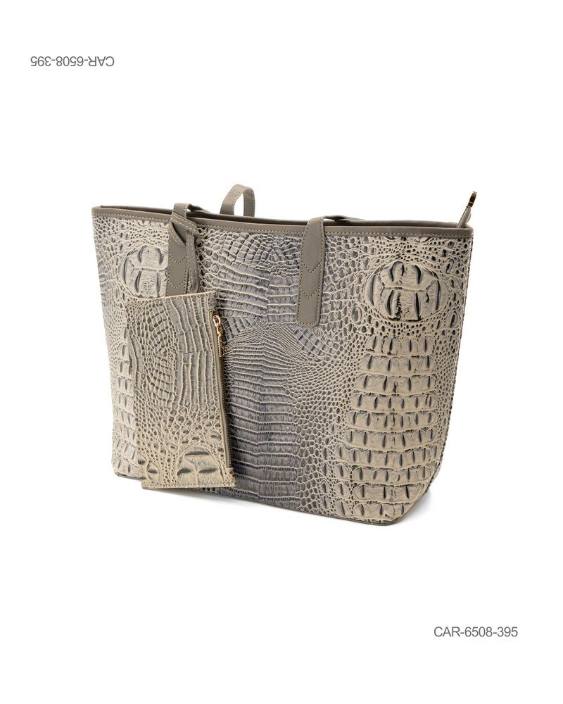 Bolso Tote con Textura Efecto Cocodrilo y Sobre a Juego en Tono Gris CAR6508