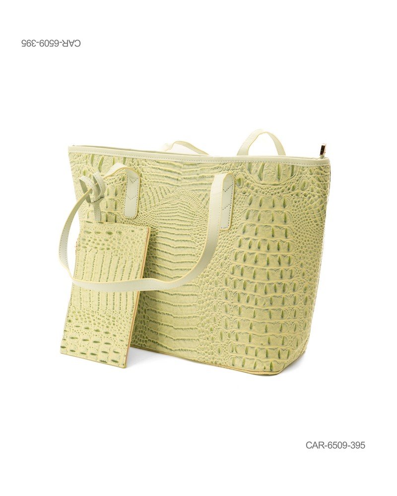 Bolso Tote con Textura Efecto Cocodrilo y Sobre a Juego en Tono Verde Claro CAR6509