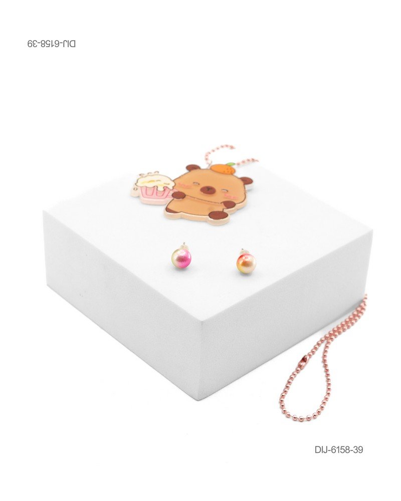 Set de Joyería Infantil: Collar con Dije de Osito y Aretes tipo Perla DIJ6158