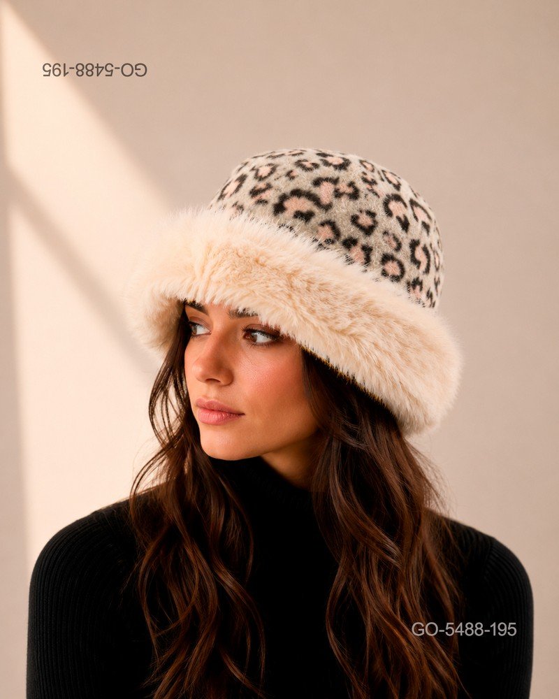 Sombrero tipo bucket con estampado de leopardo y borde de piel sintética GO5488
