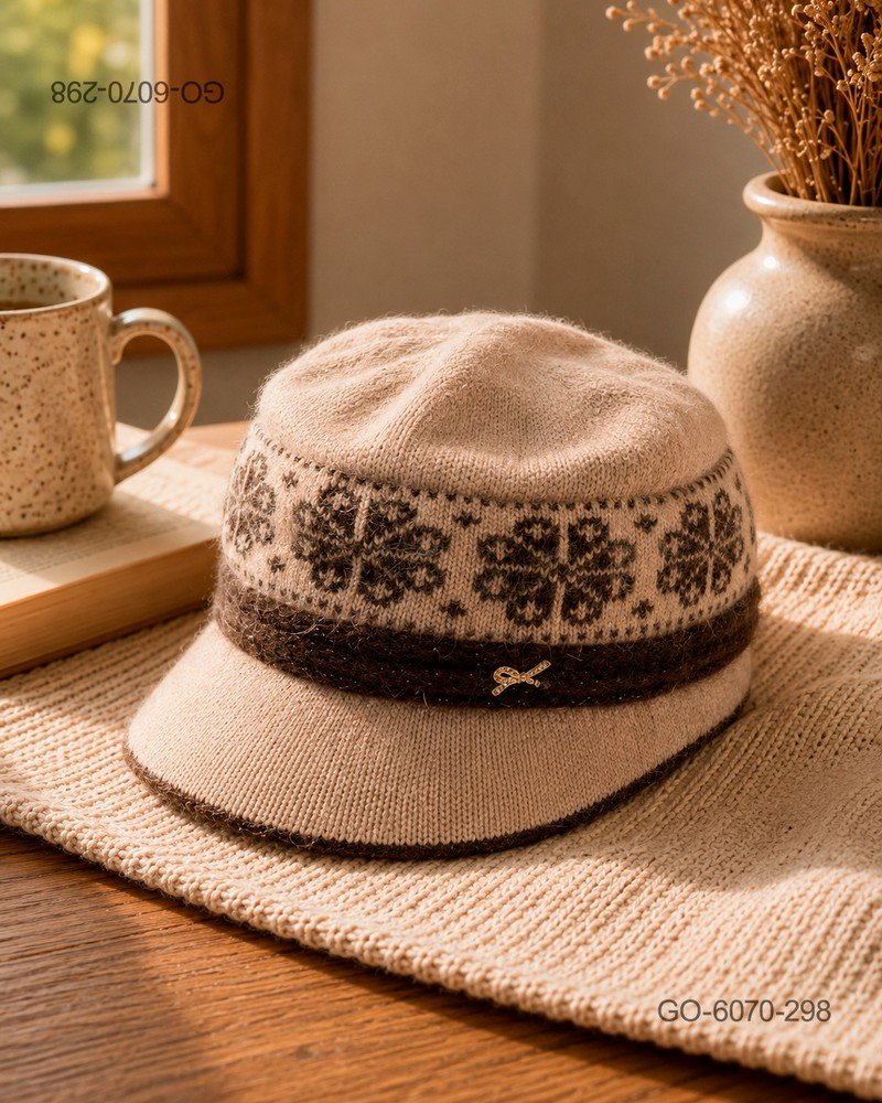 Gorra Estilo Parisino (Gavroche) en Lana Tejida con Diseño – Color Beige GO6070