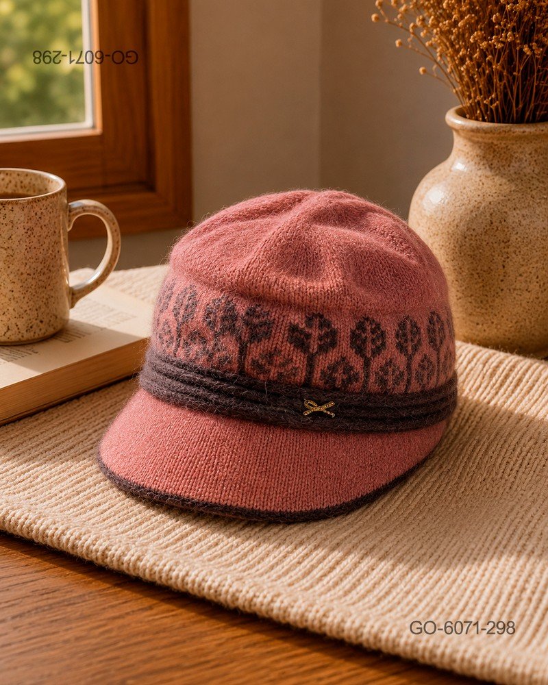 Gorra Estilo Parisino (Gavroche) en Lana Tejida con Diseño – Color Rosado GO6071