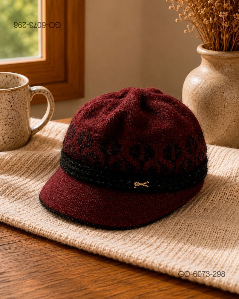 Gorra Estilo Parisino (Gavroche) en Lana Tejida con Diseño – Color Vinotinto GO6073