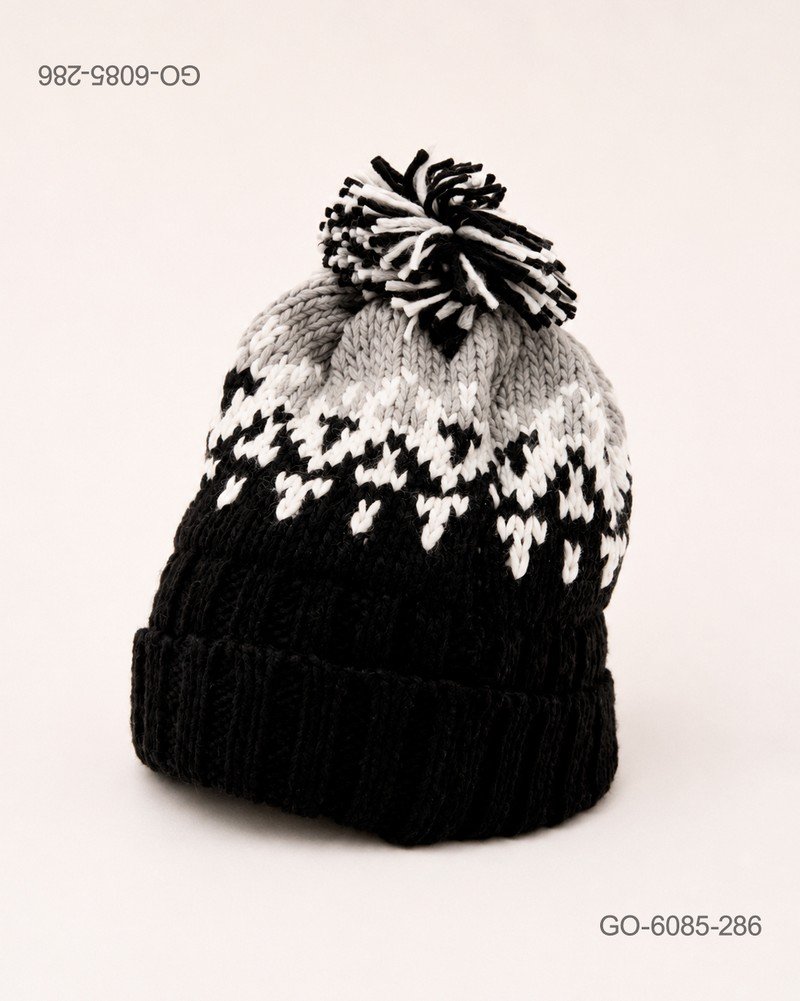 Gorro con Pompón en Lana Tejida con Diseño – Color Negro/Gris GO6085