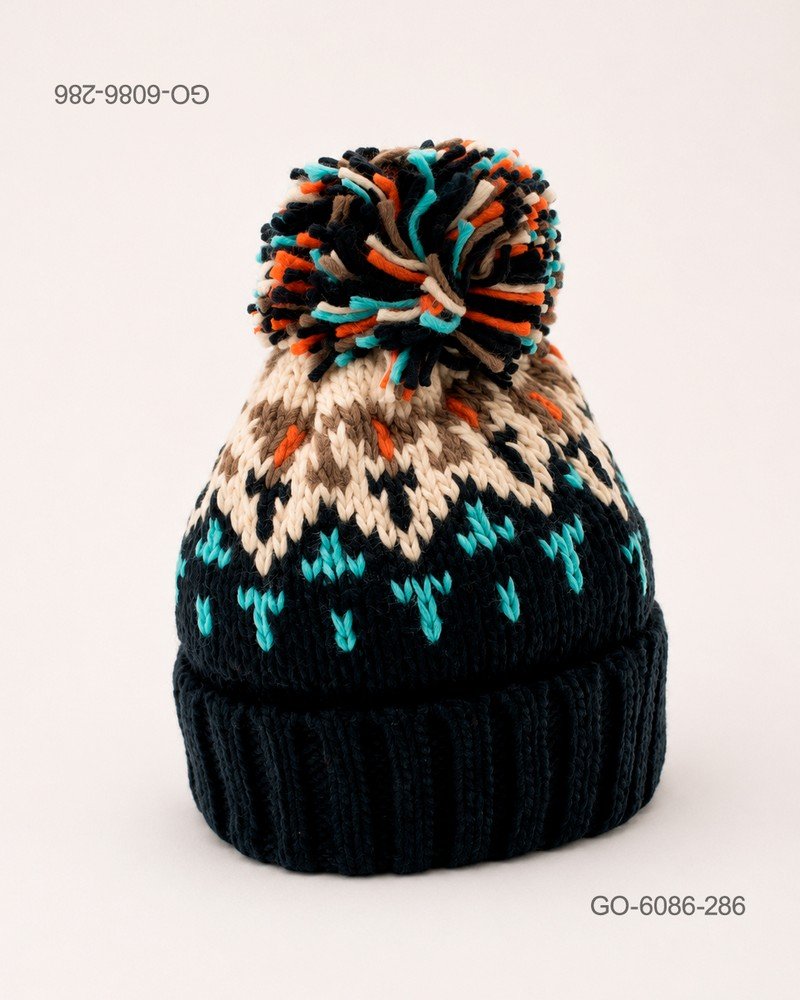 Gorro con Pompón en Lana Tejida con Diseño Multicolor – Color Azul Marino GO6086
