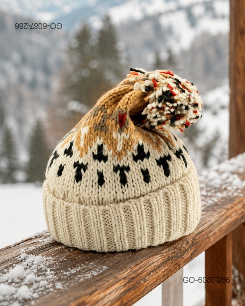 Gorro con Pompón en Lana Tejida con Diseño Nórdico – Color Beige GO6087