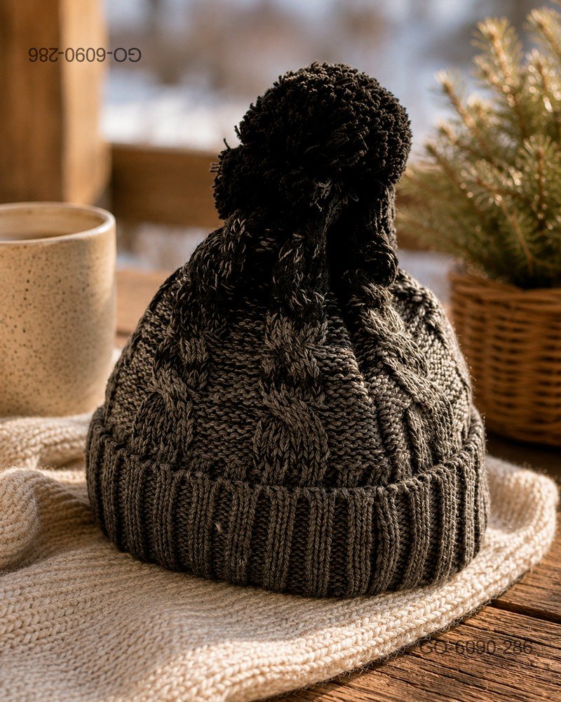 Gorro con Pompón en Lana Tejida con Trenzas – Color Gris Oscuro GO6090