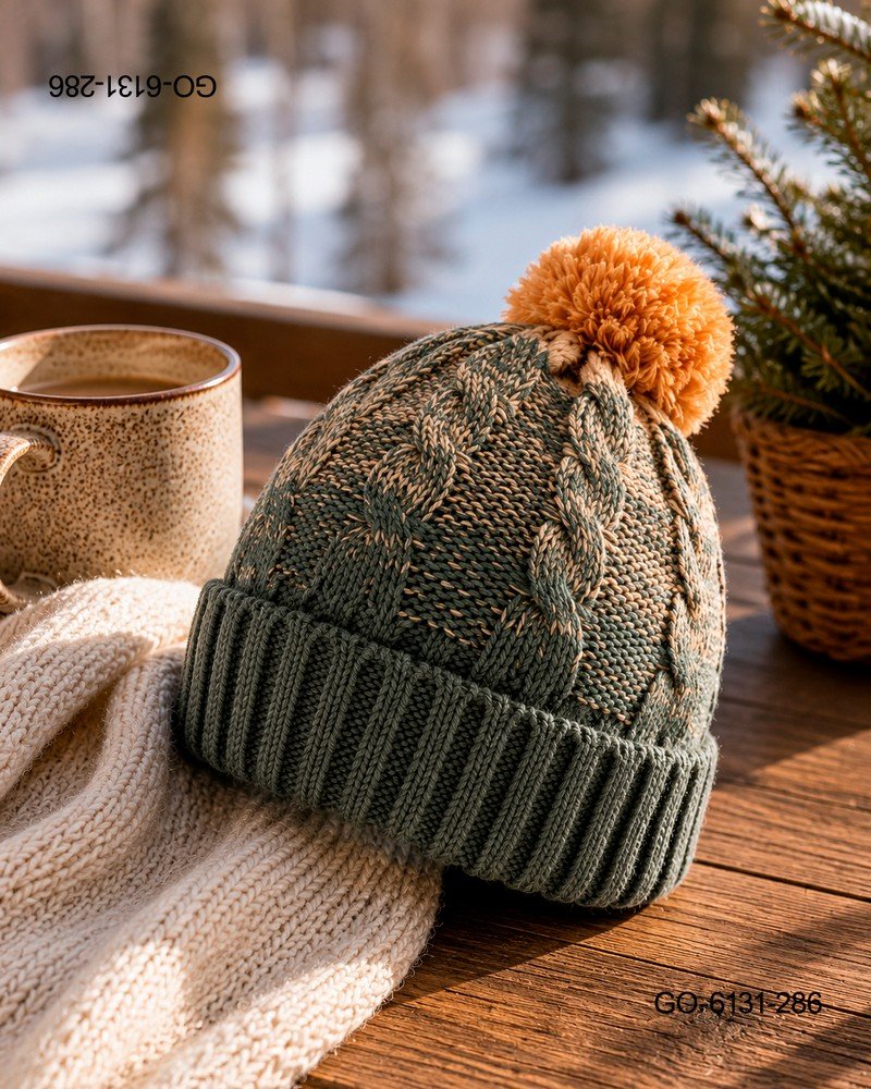 Gorro con Pompón en Lana Tejida con Trenzas – Color Verde Bosque/Beige GO6131