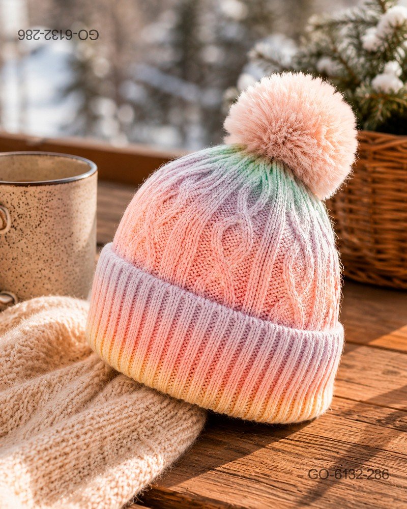 Gorro con Pompón en Lana Tejida con Trenzas y Degradado Multicolor – Color Pastel GO6132