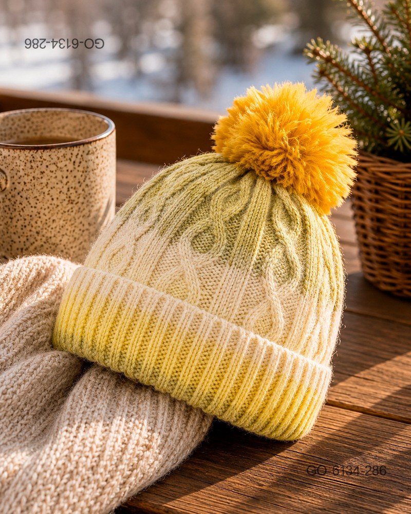 Gorro con Pompón en Lana Tejida con Trenzas y Degradado – Color Verde Lima/Amarillo GO6134