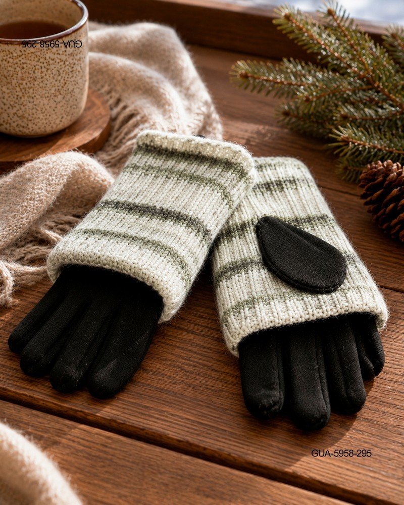 Guantes Combinados: Tejido Rayado y Detalle en Gamuza GUA5958