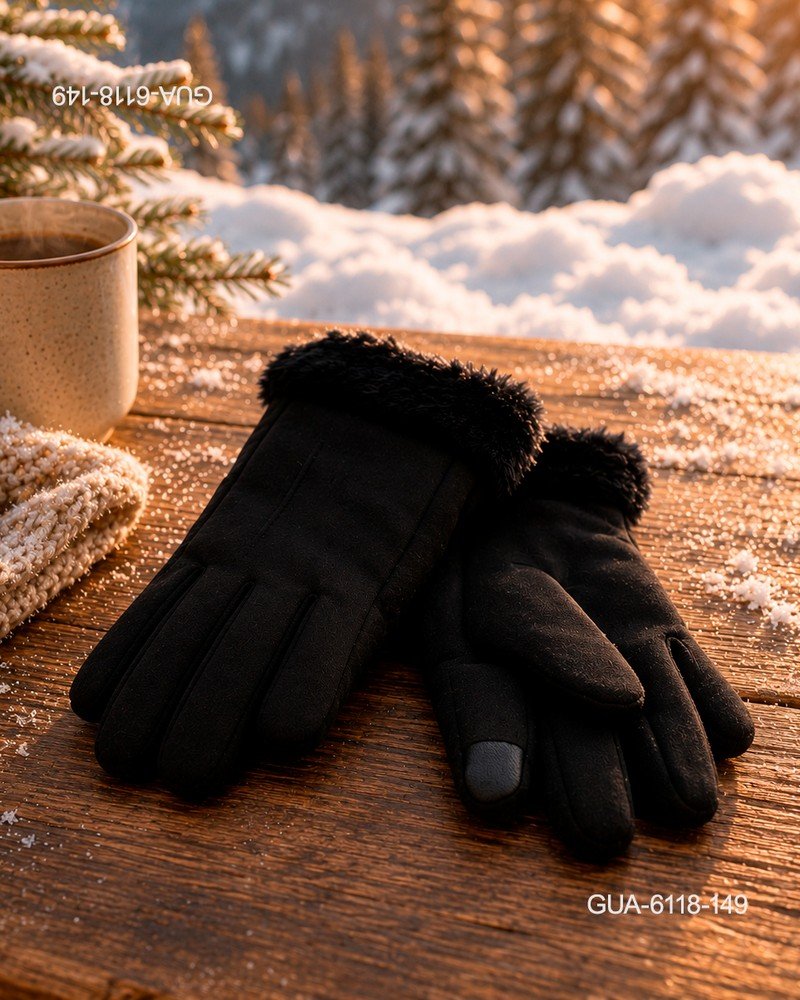 Guantes de Invierno Estilo Gamuza con Borde de Peluche - Negro GUA6119