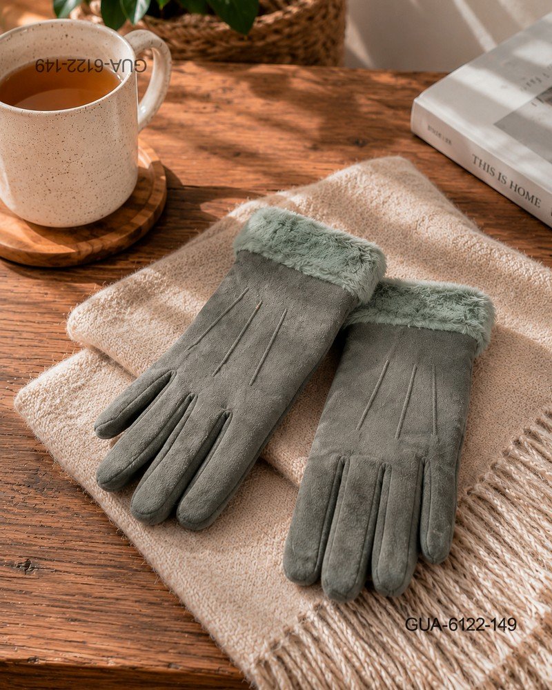 Guantes de Invierno Estilo Gamuza con Borde de Peluche - Verde Grisáceo GUA6122