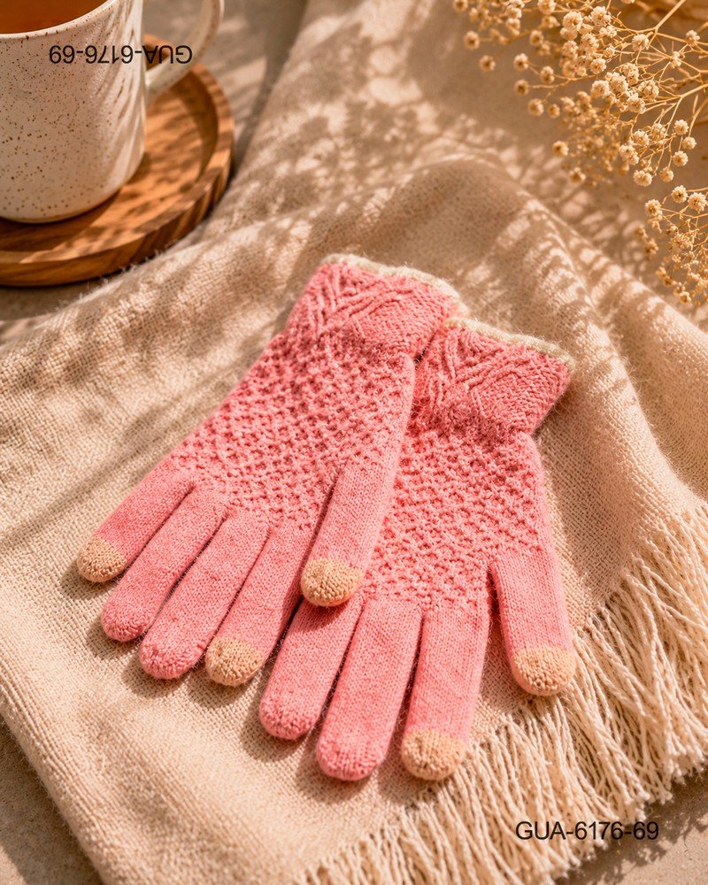 Guantes de Punto con Patrón Geométrico y Punta en Contraste - Rosa/Beige GUA6176