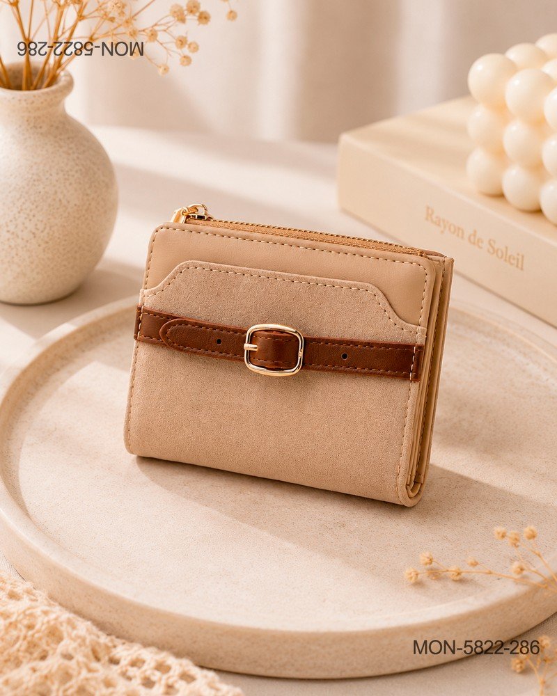 Billetera Corta Bifold para Mujer con Textura de Gamuza y Cinto de Contraste MON5822