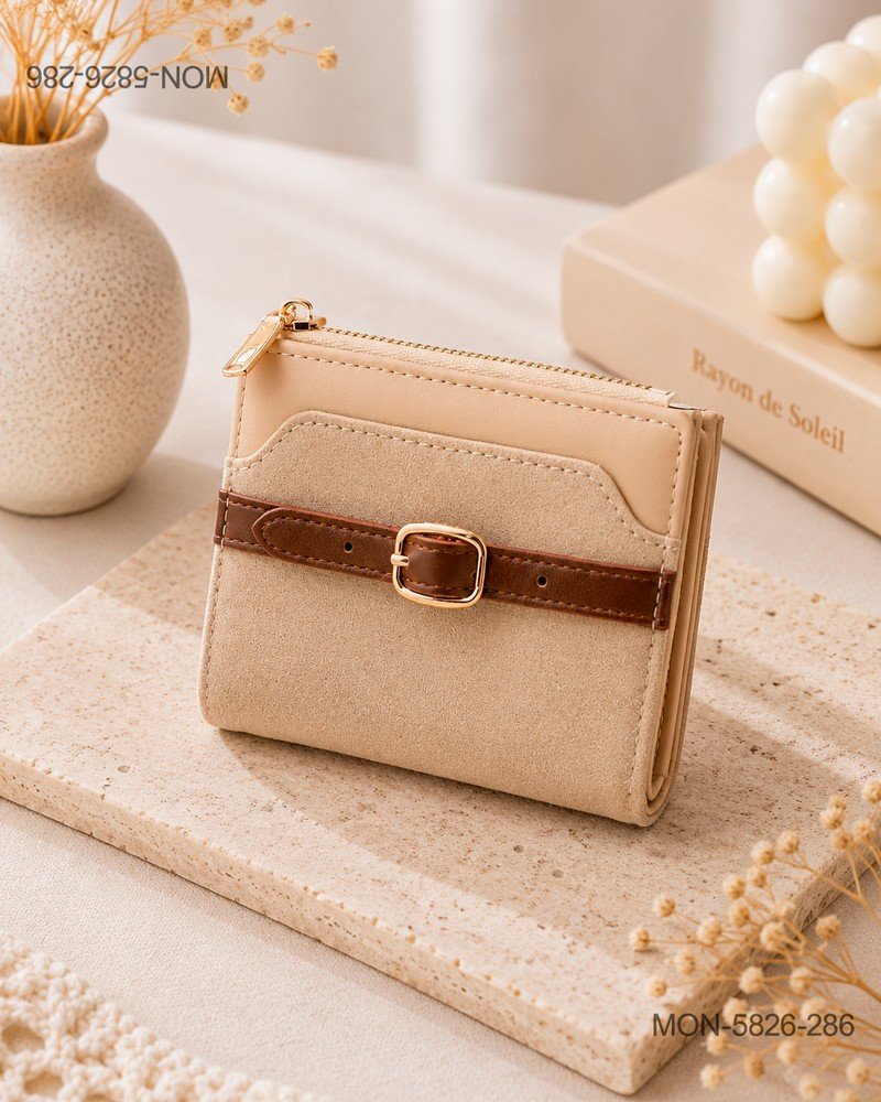 Billetera Corta Bifold para Mujer con Textura de Gamuza y Cinto de Contraste MON5826