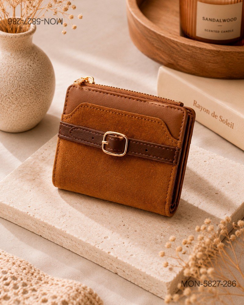 Billetera Corta Bifold para Mujer con Textura de Gamuza y Cinto de Contraste MON5827