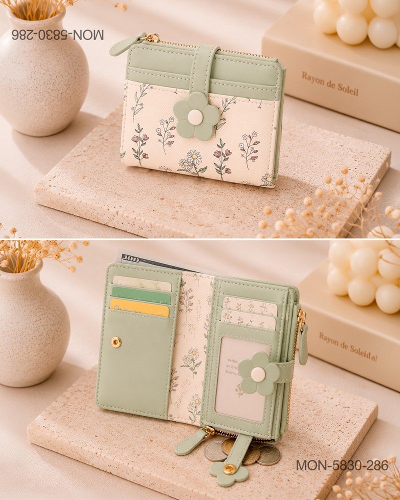 Billetera Corta Bifold "Cottagecore" con Estampado Botánico y Broche de Flor MON5830