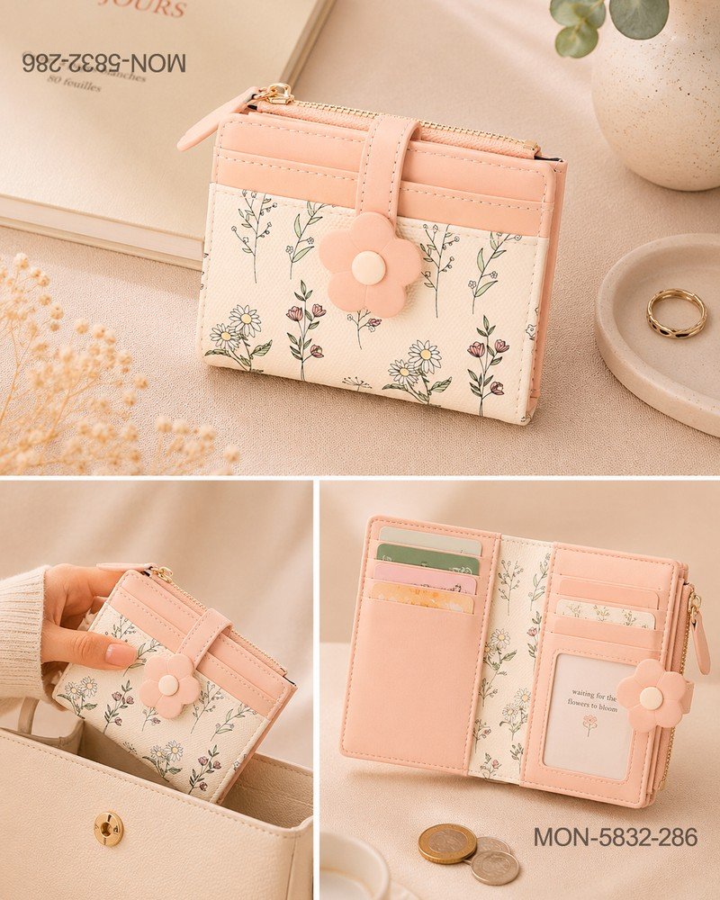 Billetera Corta Bifold "Cottagecore" con Estampado Botánico y Broche de Flor MON5832
