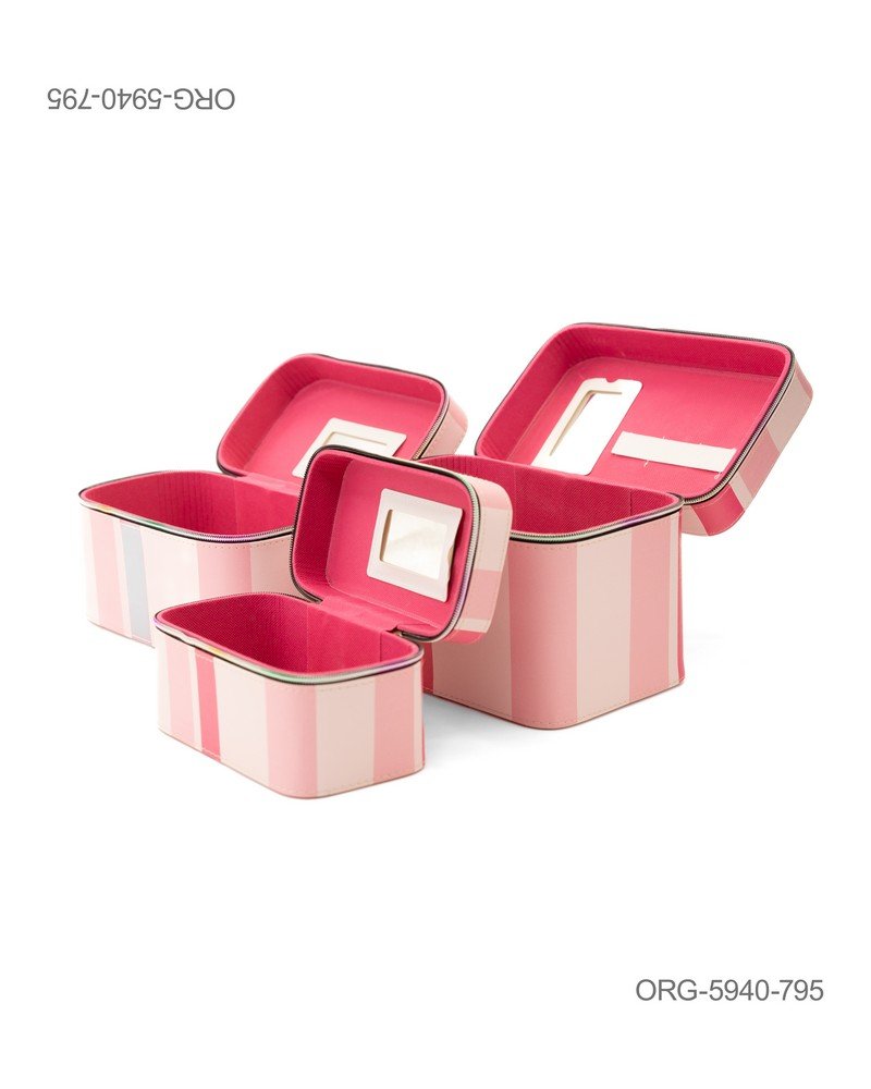 Kit de Organizadores de Belleza con Espejo Interno – Diseño a Rayas ORG5940
