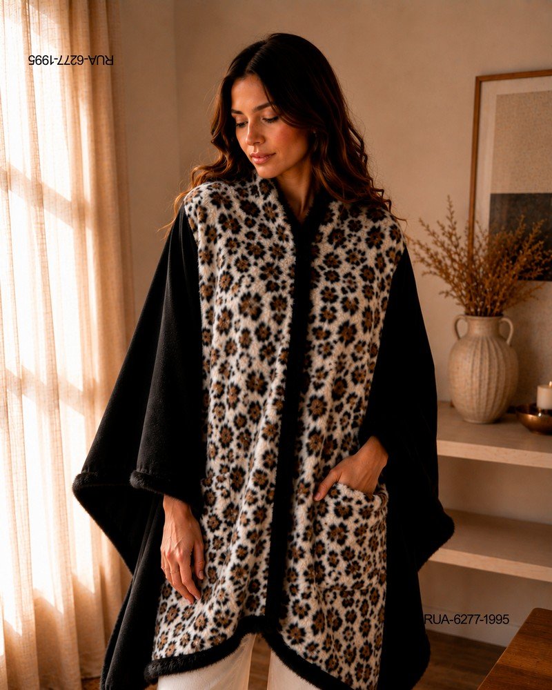Capa Elegante con Frente de Pelo Sintético Animal Print RUA6277