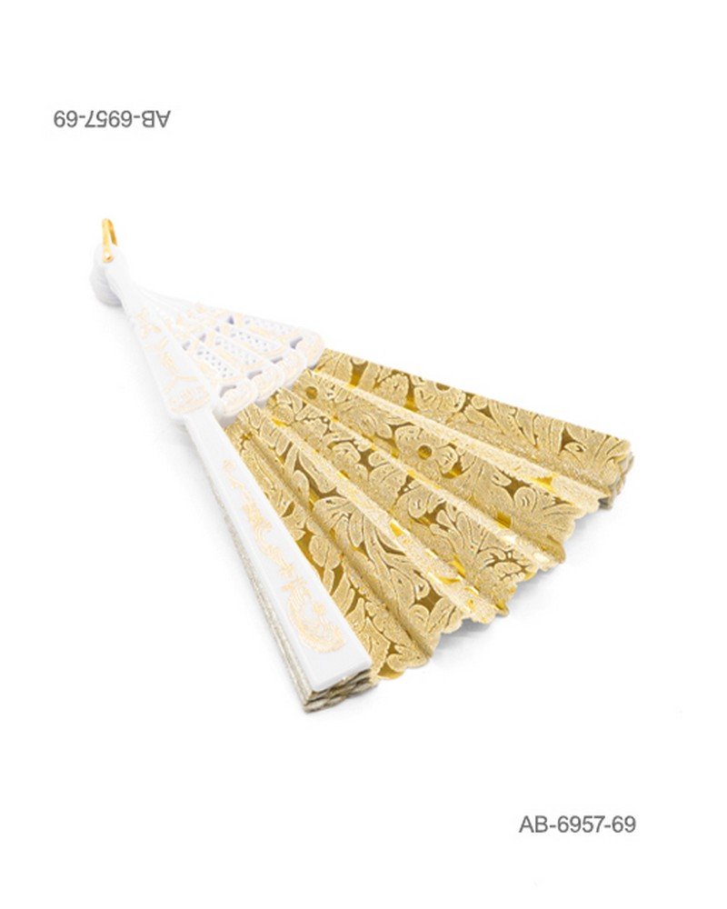 Abanico de mano con detalles de encaje y estampado floral en color dorado, estructura blanca perforada con detalle colgante AB6957