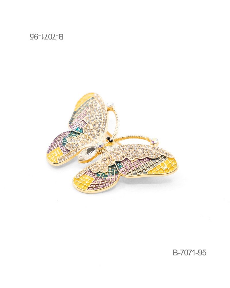 Prendedor de diseño elegante en color dorado, con forma de mariposa ornamentada con esmaltes multicolores (amarillo, turquesa, violeta), pedrería brillante y cristales facetados B7071