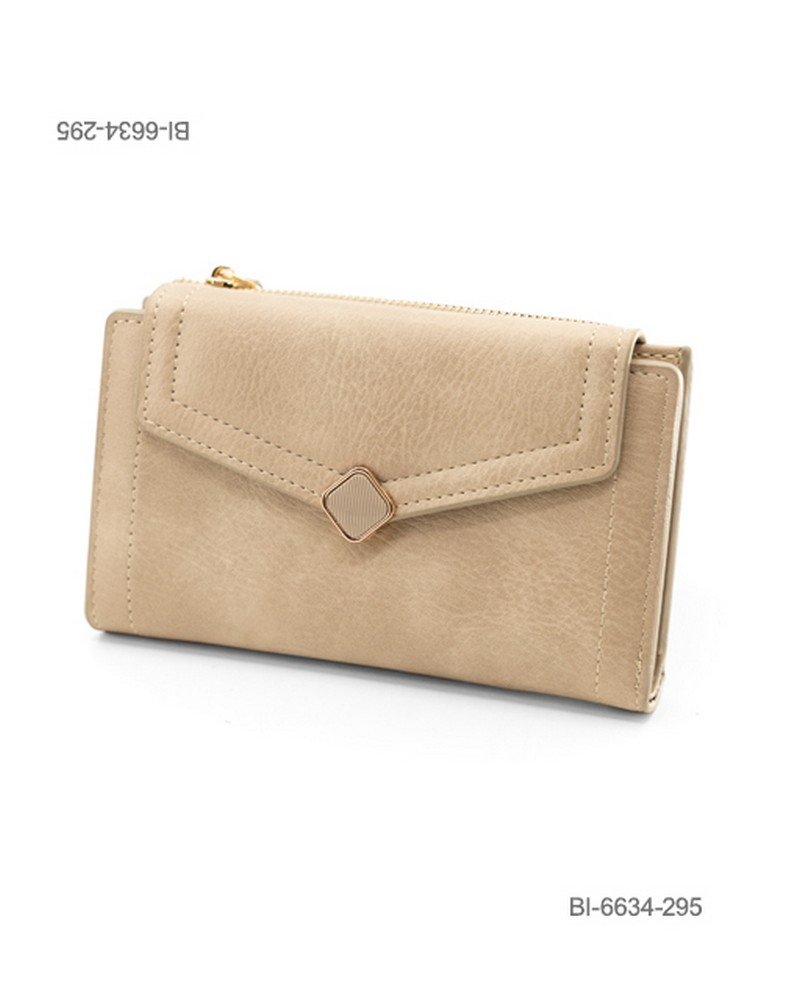 Billetera mediana de cuerina con solapa y detalle geométrico (color beige) BI6634