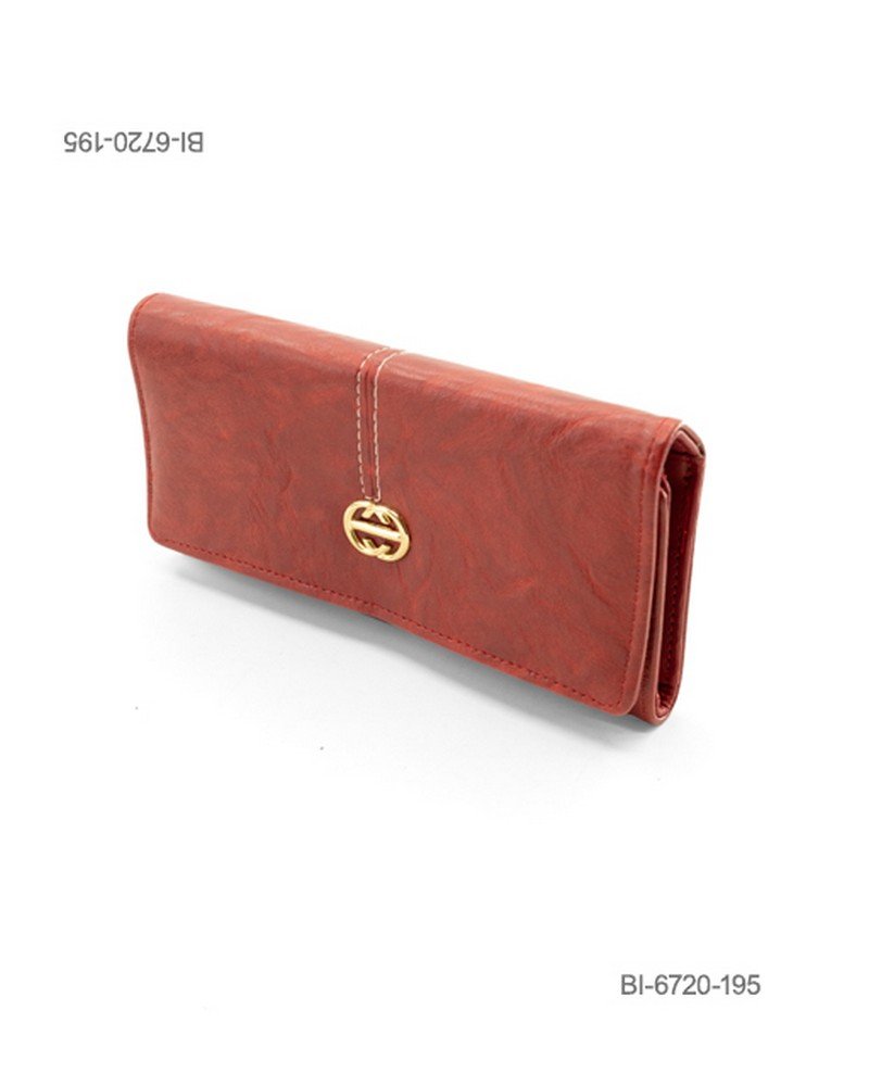 Billetera larga de cuerina con solapa y herraje metálico circular dorado (color rojo/bordó) BI6720